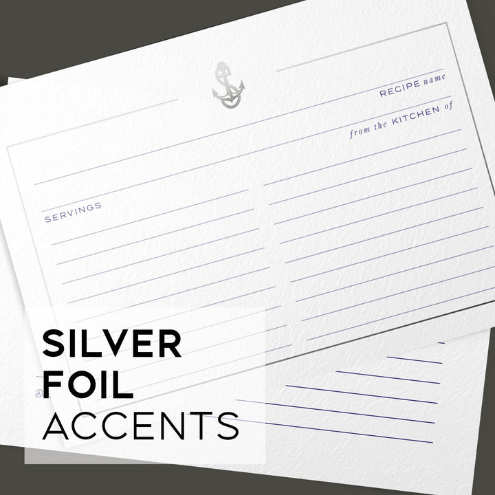 50 Silver Foil Anchor Navy Foil Recipe Cards, 4x6 inches - dashleigh - Recipe Card