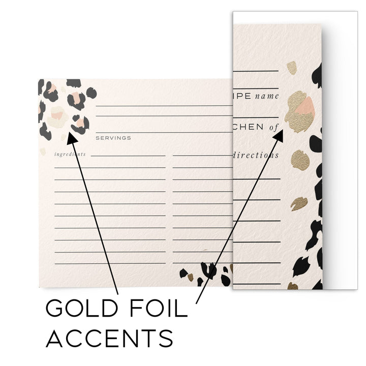 Cheetah Print + Gold Foil Recipe Cards, Set of 50, 4x6 inches - dashleigh - Recipe Card