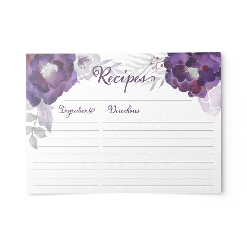 Purple Floral Recipe Cards, Set of 48, 4x6 inches, Water Resistant