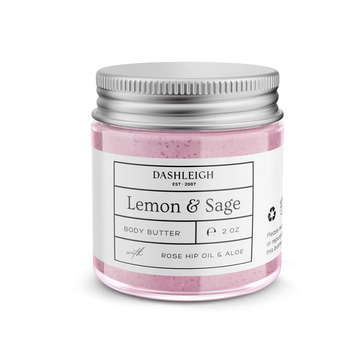 Dashleigh sheet labels on Lemon & Sage body butter on a white background