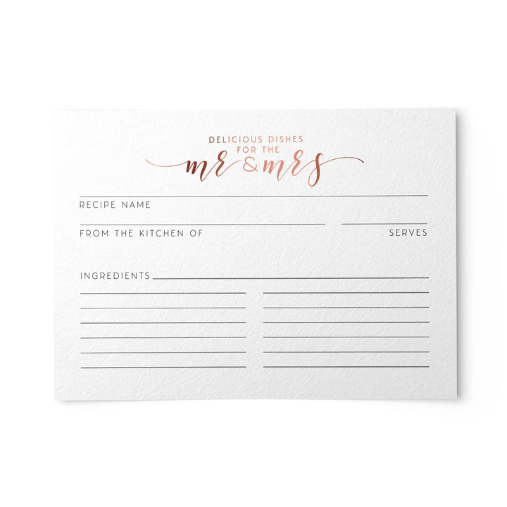 Recipe card for 'Delicious Dishes for the Mr & Mrs' with a decorative title on a white background.