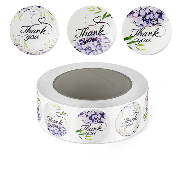 500 Purple Floral Thank You Stickers on a Roll, 1-inch - Stickers- dashleigh