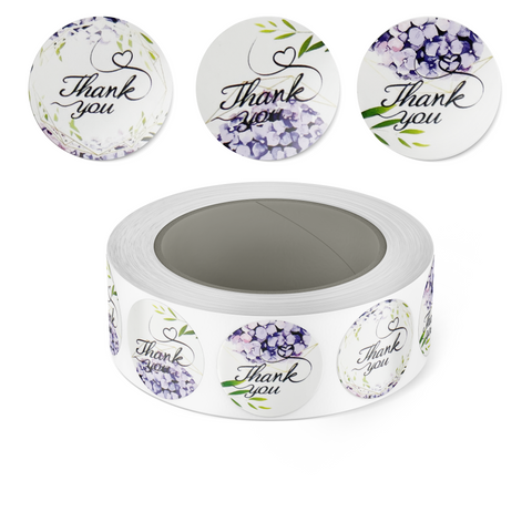 500 Purple Floral Thank You Stickers on a Roll, 1-inch