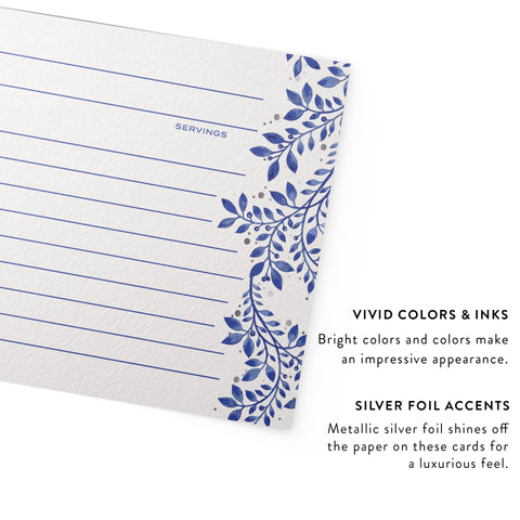 Indigo Blue Floral Recipe Cards, Silver Foil