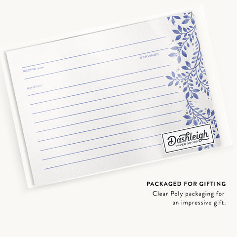 Indigo Blue Floral Recipe Cards, Silver Foil