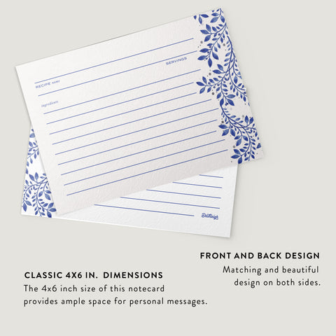 Indigo Blue Floral Recipe Cards, Silver Foil