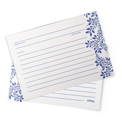 Indigo Blue Floral Recipe Cards, Silver Foil