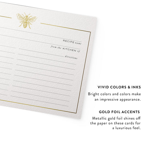 50 Bee Gold Foil Recipe Cards, 4x6 inches