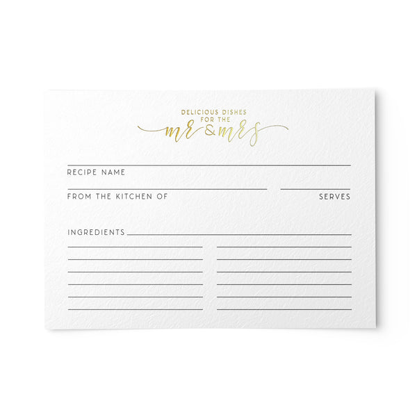 Elegant Mr and Mrs recipe card with gold foil accent