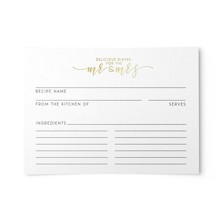 Elegant Mr and Mrs recipe card with gold foil accent