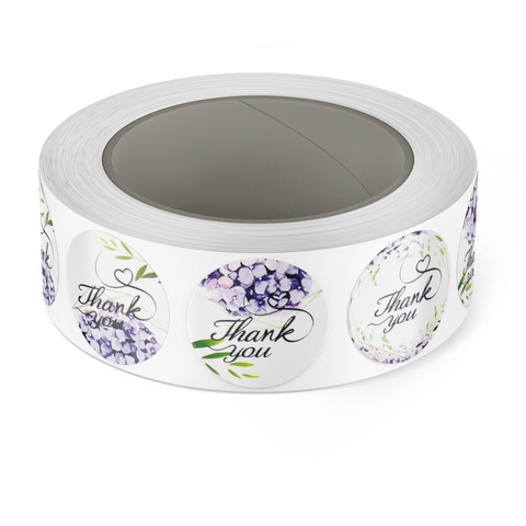 500 Purple Floral Thank You Stickers on a Roll, 1-inch