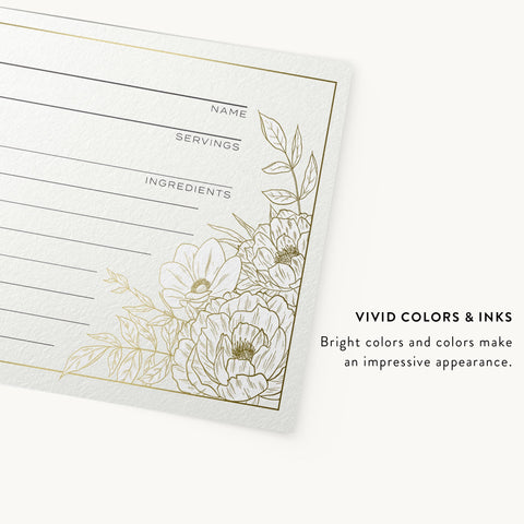 50 Lux Floral Gold Foil Recipe Cards, 4x6 inches