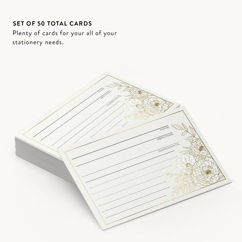 50 Lux Floral Gold Foil Recipe Cards, 4x6 inches