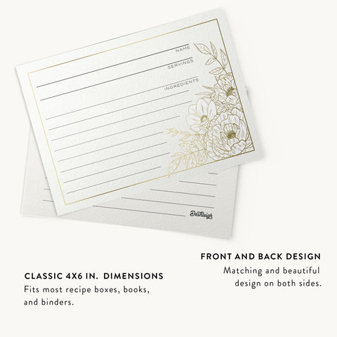 50 Lux Floral Gold Foil Recipe Cards, 4x6 inches