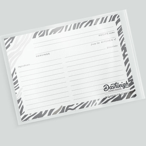 50 Zebra Silver Foil Recipe Cards, 4x6 inch