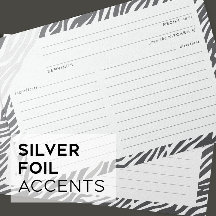 50 Zebra Silver Foil Recipe Cards, 4x6 inch - dashleigh - Recipe Card