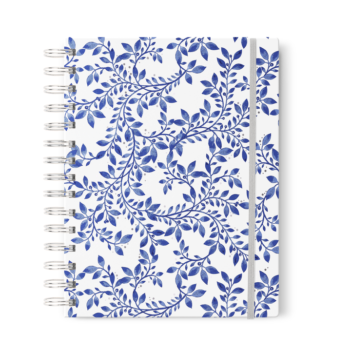 Indigo Blue Floral + Silver Foil Dot Grid Journal, 7x9 in. - Journal- dashleigh