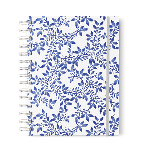 Indigo Blue Floral + Silver Foil Dot Grid Journal, 7x9 in.