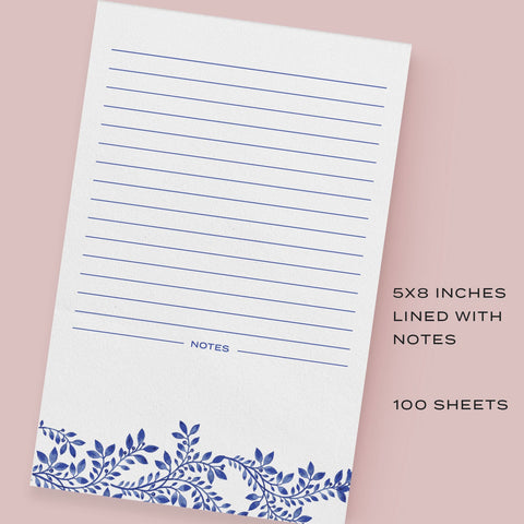 Blue Floral Lined Notepad, 5x8 inches