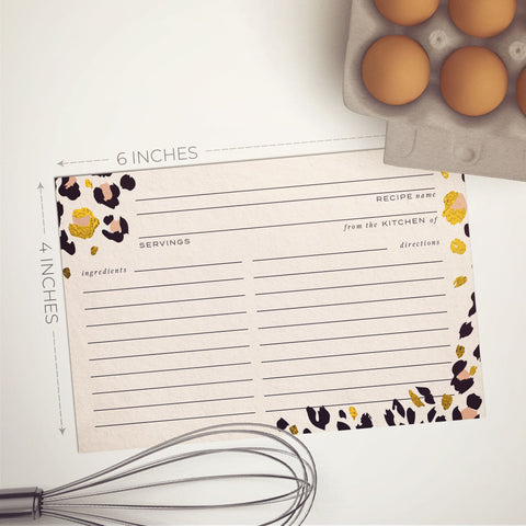 Cheetah Print + Gold Foil Recipe Cards, Set of 50, 4x6 inches