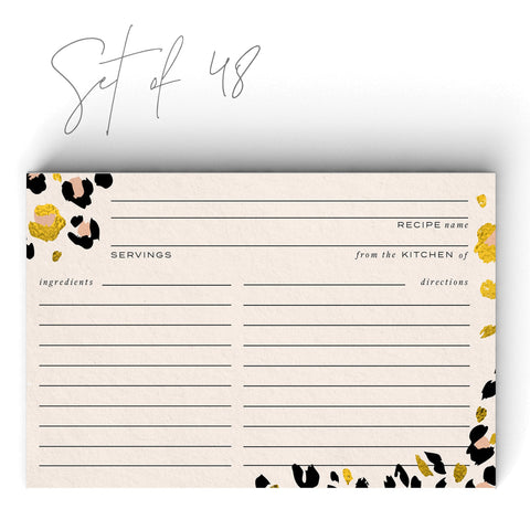 Cheetah Print + Gold Foil Recipe Cards, Set of 50, 4x6 inches