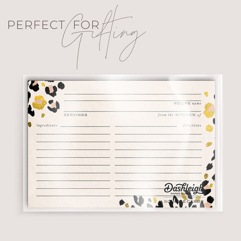 Cheetah Print + Gold Foil Recipe Cards, Set of 50, 4x6 inches