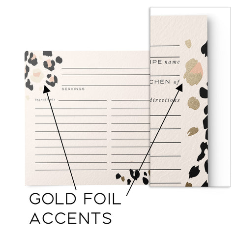 Cheetah Print + Gold Foil Recipe Cards, Set of 50, 4x6 inches