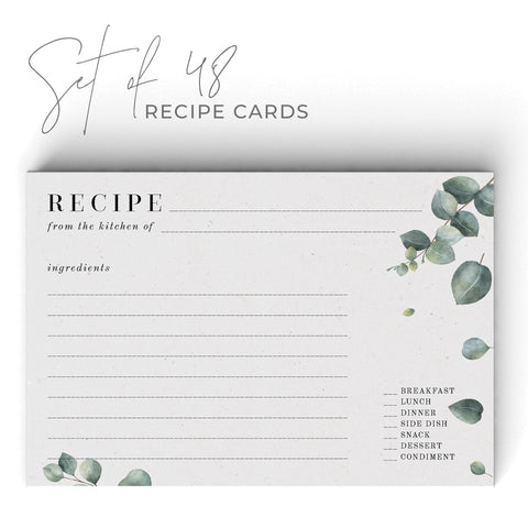 Eucalyptus Recipe Cards, Set of 48, 4x6 inches, Water Resistant