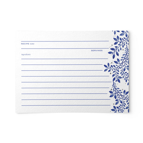 Indigo Blue Floral Recipe Cards, Silver Foil