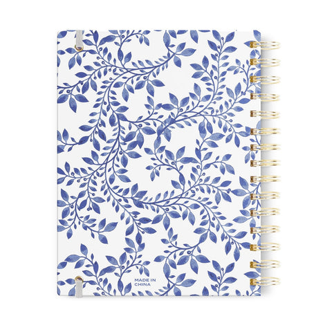 Indigo Blue Floral + Silver Foil Dot Grid Journal, 7x9 in.