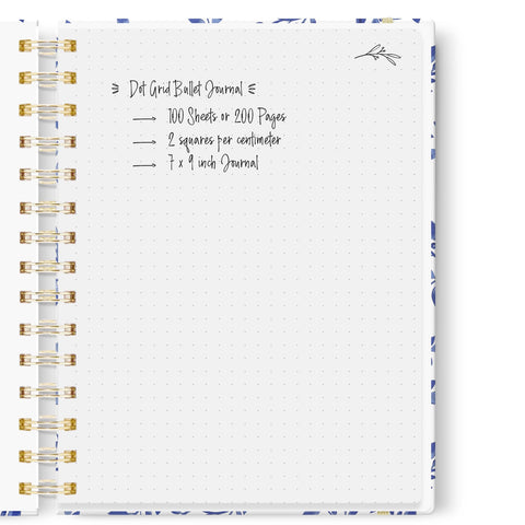 Indigo Blue Floral + Silver Foil Dot Grid Journal, 7x9 in.