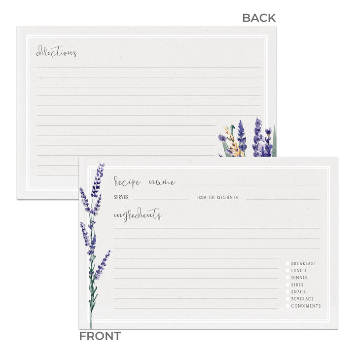 Lavender Flowers Recipe Cards, Set of 48, 4x6 inches, Water Resistant - dashleigh - Recipe Card