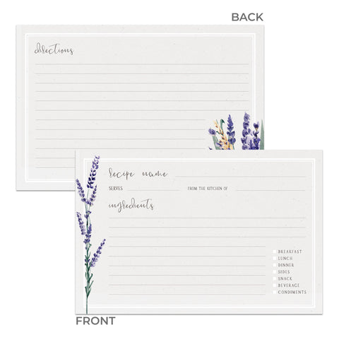 Lavender Flowers Recipe Cards, Set of 48, 4x6 inches, Water Resistant