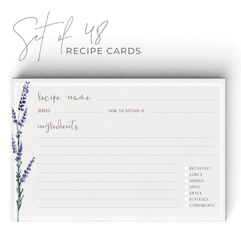 Lavender Flowers Recipe Cards, Set of 48, 4x6 inches, Water Resistant