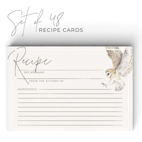 Owl Recipe Cards, Set of 48, 4x6 inches, Water Resistant