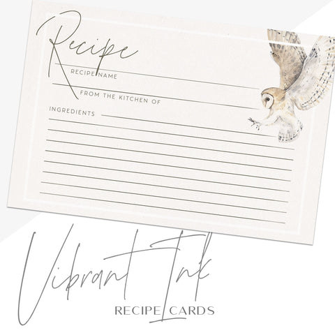 Owl Recipe Cards, Set of 48, 4x6 inches, Water Resistant