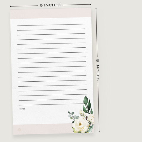 White Floral + Blush Lined Notepad, 5x8 inches